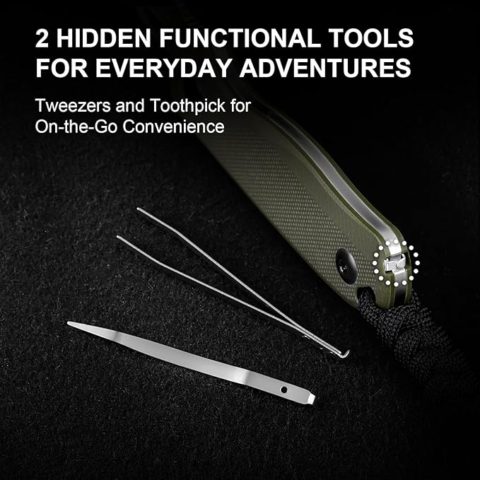Kizer Drop Bear Fixed Blade Knife, 2.6" AEB-L Satin Blade EDC Camping Knife with Olive Green G10 Handle & Hidden Tools, Outdoor Full Tang Hunting Survival Knives with Adjustable Kydex Sheath 1093A1