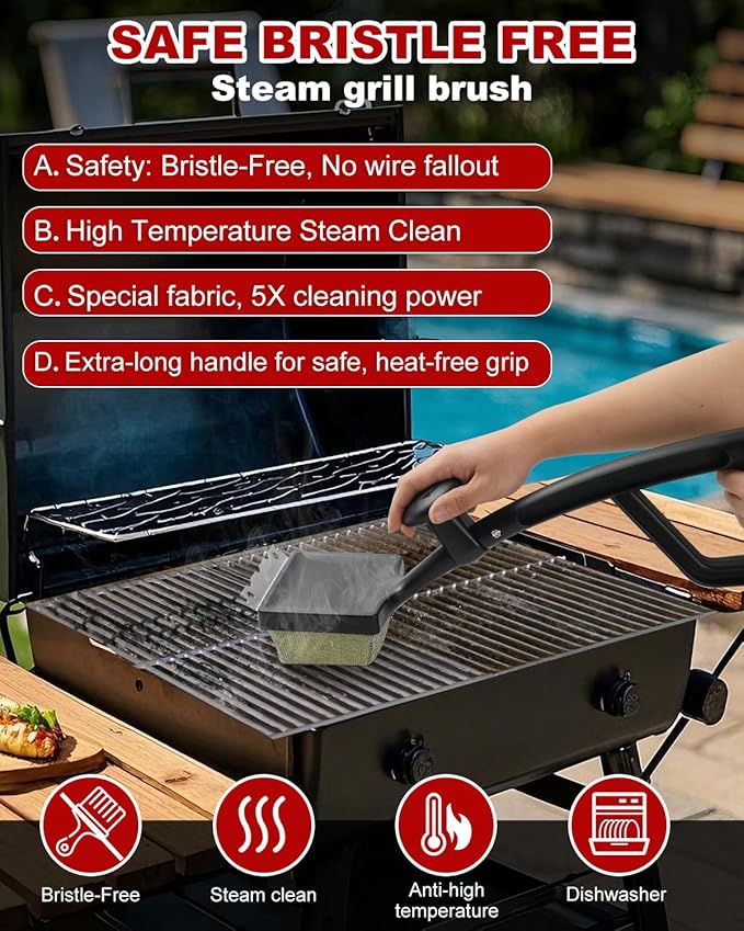 Grill Brush Bristle Free, Steam Grill Cleaner with Scraper for Outdoor Grill, Grill Cleaner Steam BBQ Tool, Safe for Cast Iron & Stainless Steel Grates (Black)