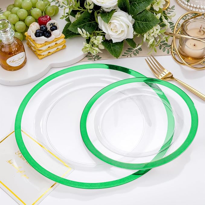 U-QE 120PCS Clear Green Plastic Plates - Clear Plastic Plate Disposable Heavy Duty- Include 60 10" Dinner and 60 7" Dessert Plates, Perfect for Party, Wedding