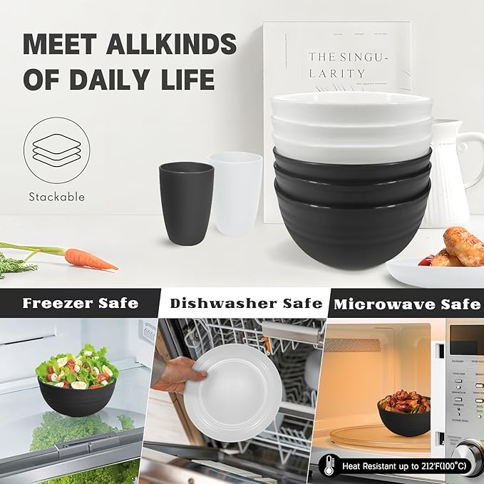 Kitchen Wheat Straw Dinnerware Sets (25pcs) Attached cleaning brush,Service For 6,Plastic Plates and Bowls Sets,Unbreakable Dinnerware,Lightweight Plastic Plate Set (Black white)