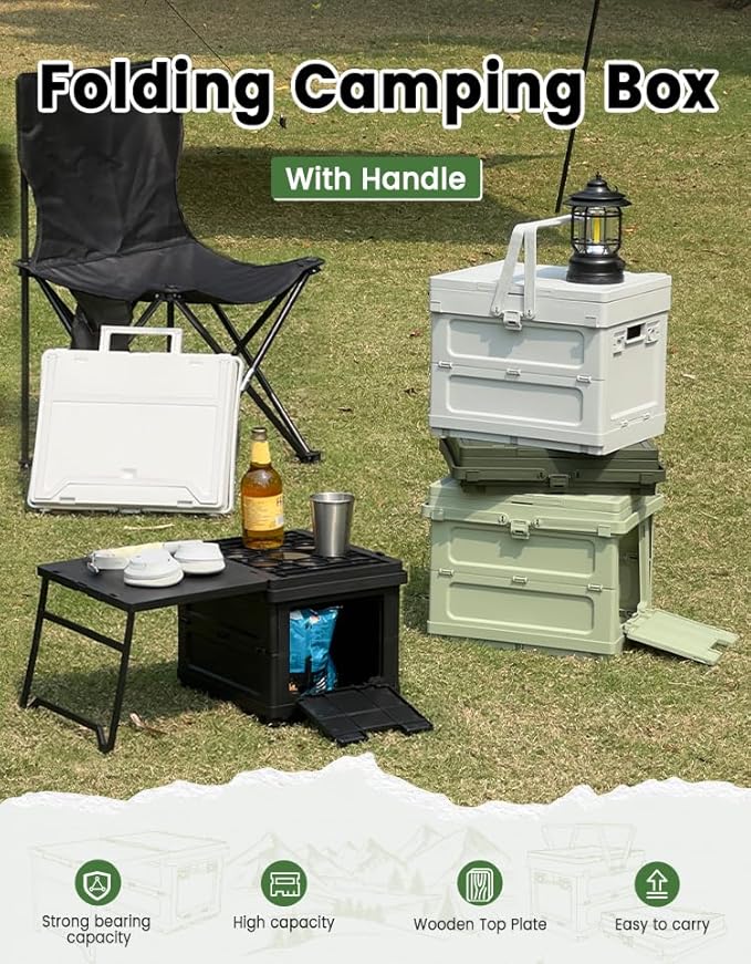 Multifunctional 3 in 1 Camping Folding Storage Box with Table, Handle Collapsible Bins Box and Warning Signs,Storage Bins With Lids 16.5L Camping Storage for Garage, Beach, Backyards, Picnic