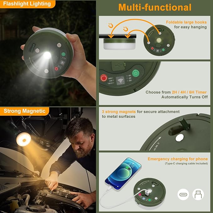 Camping String Lights, 4 in 1 Portable Camping Lights Rechargeable with 8 Lighting Modes, Remote Control, Quick Storage, 33FT Waterproof Tent Lights for Hiking, Yard, Party, Christmas Decor