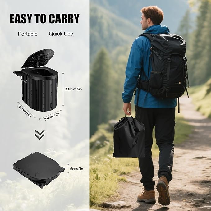 Portable Toilet for Adults, Upgraded 15'' Height Folding Camping Toilet, Travel Potty with Lid & Detachable Paper Holder, Portable Potty for Camping,RV, Car, Tent, Beach, Hiking, Outdoor Adventures