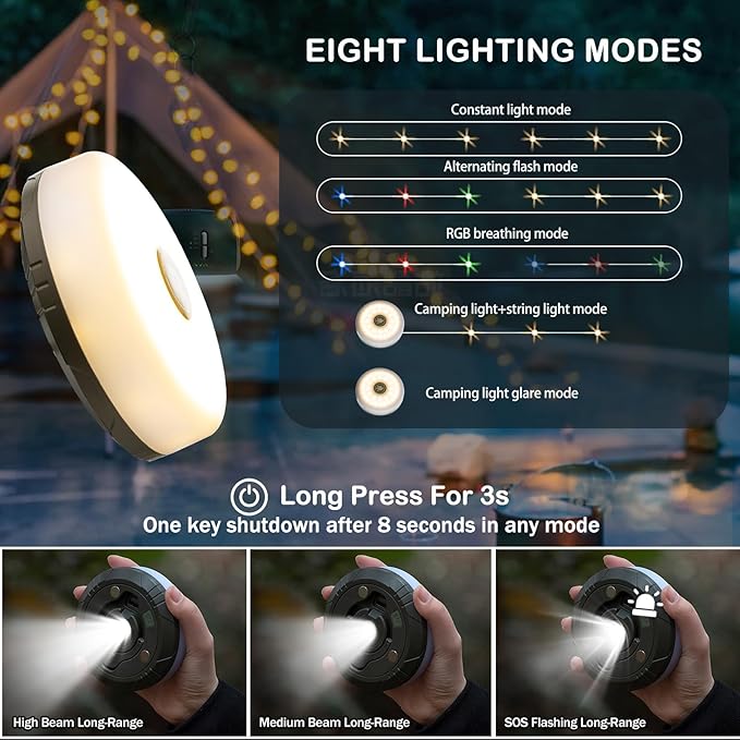 2-Pack Camping String Lights - 4 in 1 Outdoor Camping Lantern with 8 Lighting Modes(32.8Ft), Quick 30s Recovery, Waterproof, Type-C Fast Charging, Portable Camping Lights for Camping/Yard/Hiking
