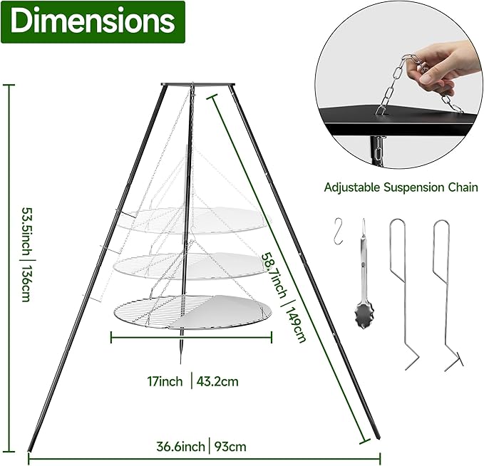 Campfire Tripod for Cooking, Portable & Collapsible Camping Cooking Tripod Grill with Round Grate for BBQ Picnic Outdoor Cookware Party