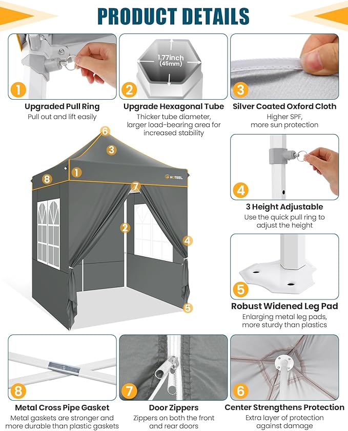 HOTEEL 6.6x6.6 Heavy Duty Pop Up Canopy Tent for Parties Event Wedding Commercial Instant Canopy with Carry Bag, Party Tent Waterproof UV 50+, Upgraded Thick Hexagonal Legs,Gray