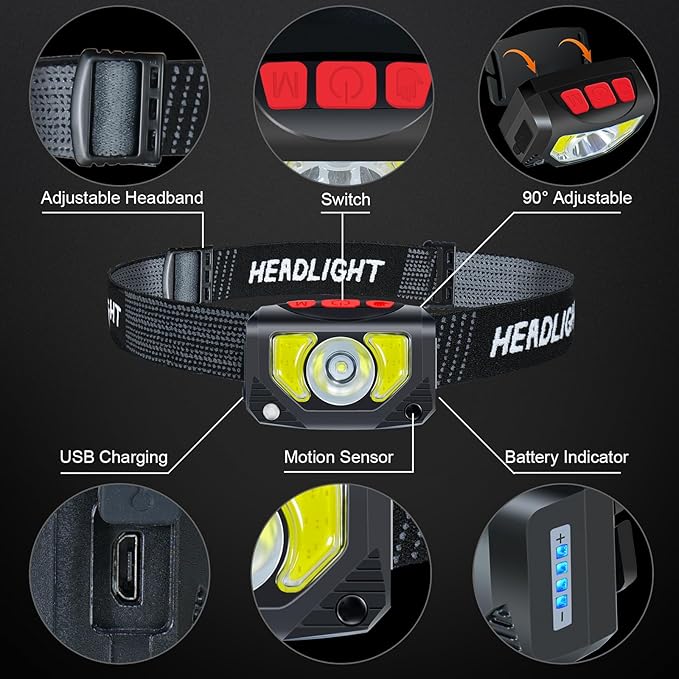 LED Headlamp Rechargeable, 4 Pack Head Lamp Flashlight Headlight Light with Motion Sensor for Outdoor Camping Biking Running Fishing