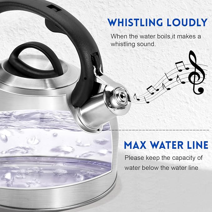 Tea Kettle Stovetop - Food Grade Stainless Steel Whistling Tea Pot with Ergonomic Handle, Unique Button Control Kettle Outlet, Can Be Used in the Kitchen or Camping, 3.1 Q/3L