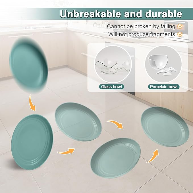 12 Pcs Unbreakable Deep Dessert Plates Set, 8 inch Reusable Plastic Wheat Straw Plates, Microwave and Dishwasher Safe Plate for Kitchen, Lightweight Plate for Dessert, BPA Free, 6 Colors