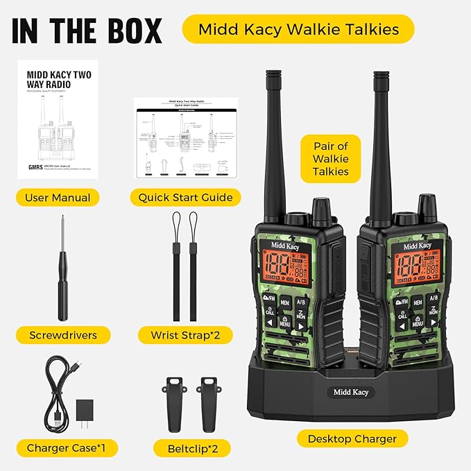 Midd Kacy MK208 Camo Walkie Talkie - Long Range walkie talkies - 61 Channels Gmrs Handheld Radio -121 Privacy Codes,New Flashlight,SOS Siren,NOAA Weather Alerts & Scan - Camouflage,2 Pack