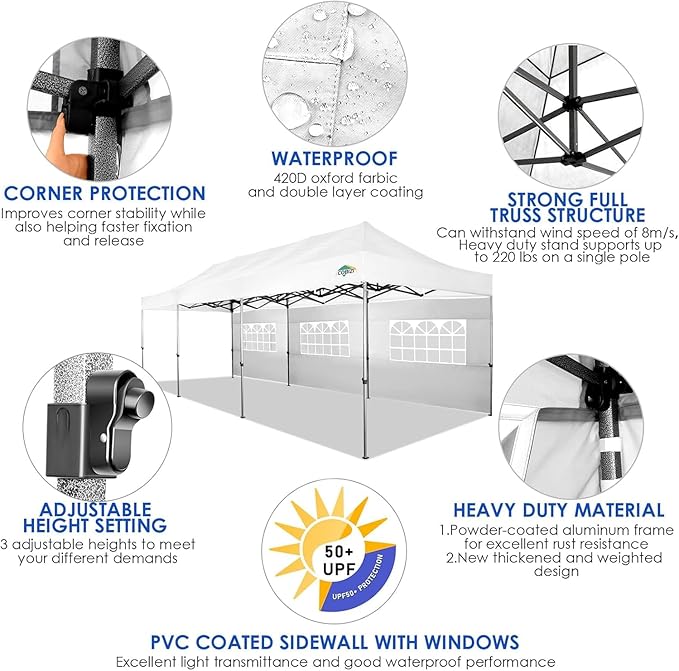 COBIZI 10x30 Pop up Canopy Tent with Sidewalls, Heavy Duty Party Tent Tents for Parties, Foldable UPF 50+ Waterproof Commercial Easy up Canopy with Roller Bag, White(Windproof Upgraded)