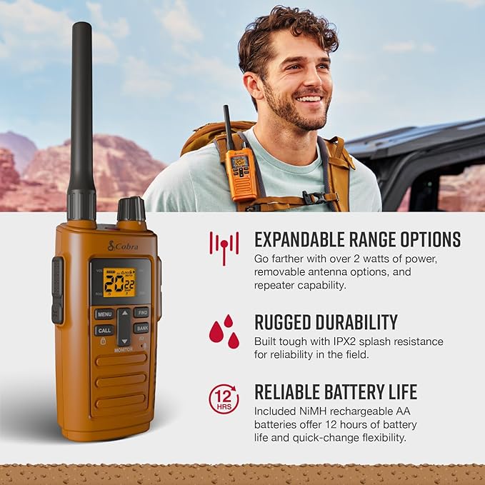 Cobra Trailblazer 250 GMRS Radio (2-Pack) – AA Battery Powered with USB-C Charging, Compact 2.5W Long Range Walkie Talkies, NOAA, Programmable Software, Removable Antenna, Repeater Capable