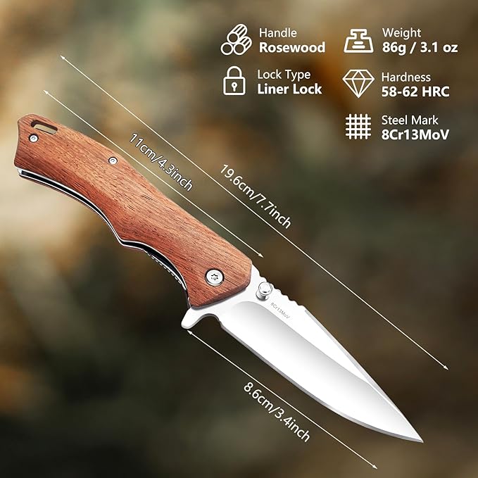 Vickay Pocket Knife for Men, 3.4" 8Cr13MoV Steel Blade, Wood Handle EDC Folding Knife with Liner Lock for Outdoor Camping, Tactical, Hunting, Hiking, Survival - Father’s Day Gift