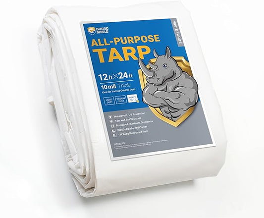 GUARD SHIELD Heavy Duty Tarp 12x24 Feet White Multi Purpose Thick Waterproof Poly Tarp Cover 10mil