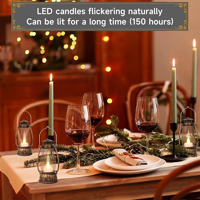 12Pcs Mini Lantern Decorative with Flickering LED Candle, 6Inch Small Western Lantern for Table Centerpiece, Vintage Hanging Candle Holders for Western Halloween Camping Party Decor (Brown)