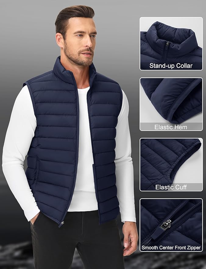 Cotrasen Men's Puffer Lightweight Vest Packable Outerwear Vest Warm Winter Outdoor Sleeveless Jacket for Travel Running