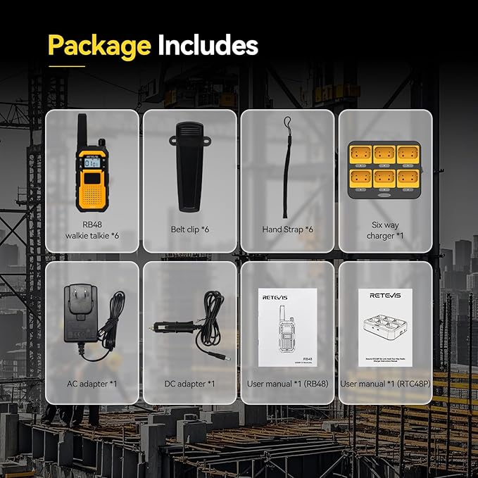 Retevis RB48 Walkie Talkies for Adults, Heavy Duty 2 Way Radios Long Range with Six-Way Charger, IP67 Waterproof, Shock Resistant, Dual PTT, for Jobsite Construction(6 Pack)