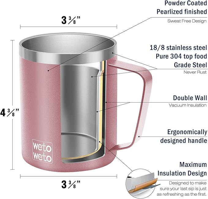 WETOWETO Coffee Mug with Handle, 14oz Insulated Stainless Steel Coffee Travel Mug, Double Wall Vacuum Reusable Coffee Cup with Lid, Powder Coated Rose Gold