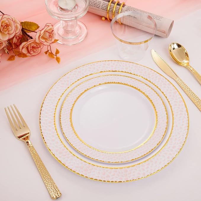 Ciaell 150PCS Pink Plastic Plates โ Disposable Pink and Gold Plates Set include 50Plates, 25Forks, 25Knives, 25Spoons, 25Cups for Wedding & Party