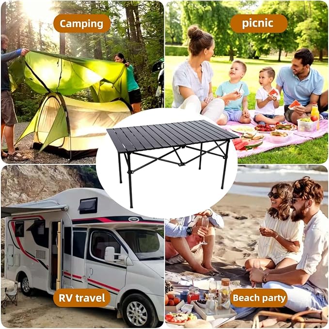 Folding Camping Table, Portable Beach Table,with Portable Bag,Suitable for Indoor, Outdoor, Camping, Backyard, Party, Patio, The Black Camping Table at The Beach