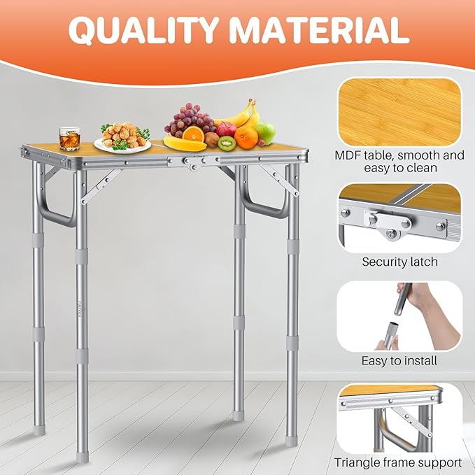 FUNYKICH 2ft Small Folding Camping Table, 3 Height Adjustable Portable Picnic Table, Lightweight Aluminum Outdoor Tables with Carry Handle for Camping, Picnic, BBQ, 58x40cm(L22.8 xW15.7)