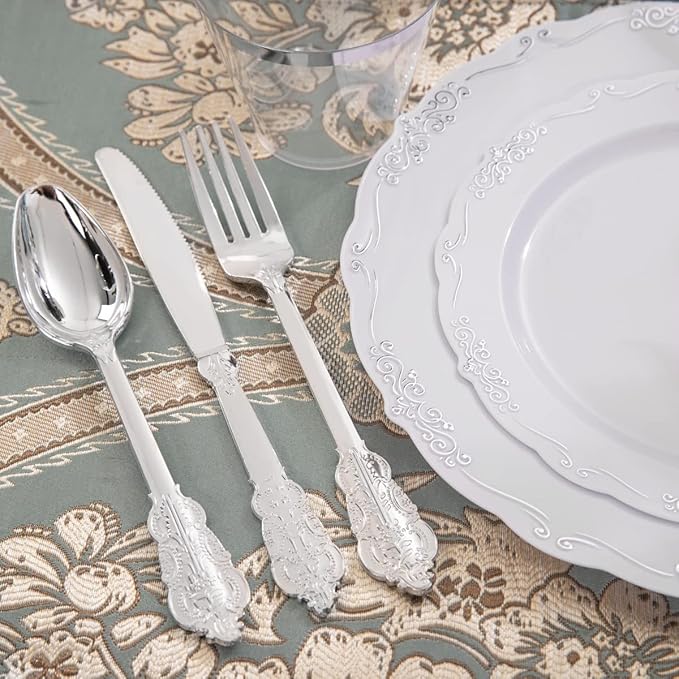 U-QE 175PCS Silver Plastic Plates & Pre Rolled Napkins with Silver Plastic Cutlery for 25 Guests, Great for Party & Wedding