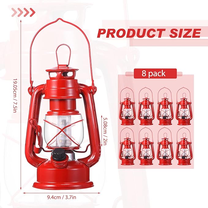 Hortsun 8 Pcs 8 Inch Vintage LED Hurricane Lantern Metal Red Outdoor Battery Operated Hanging Lantern with Warm LEDs and Dimmer Switch for Indoor Rustic Farmhouse Country Camping Decor