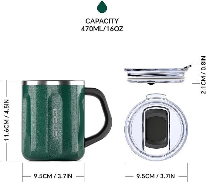 Ideus 16 oz Coffee Cup, Stainless Steel Coffee Travel Mug, Spill Proof Tea Mug with Handle and Lid, Lightweight and Durable, Great for Office Home and Outdoor Use, Deep Green