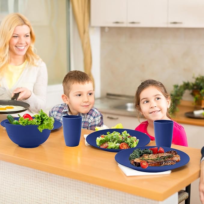 40 Pieces Wheat Straw Dinnerware Sets Service for 8, Plates and Bowls Sets, Dinner Plates, Cereal Bowls and Drinking Cups, Unbreakable and Reusable Plastic Dinnerware Sets (Dark Blue)