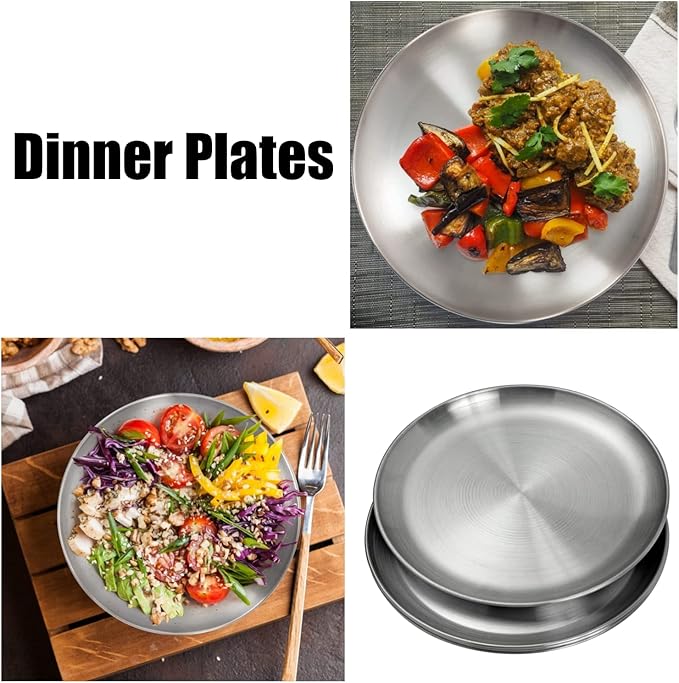 Stainless Steel Plates 10 inch Metal Lightweight Unbreakable Dinner Dishes Plates Set Non-Toxin Dishwasher Safe BPA Free and Healthy (4 Pcs)