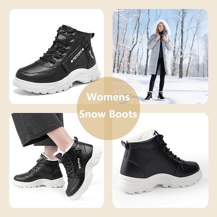 Womens Snow Boots Warm Winter Boots Ladies Fur Lined Ankle Boots Lace Up Outdoor Booties Anti-Slip Sneakers Waterproof Walking Shoes