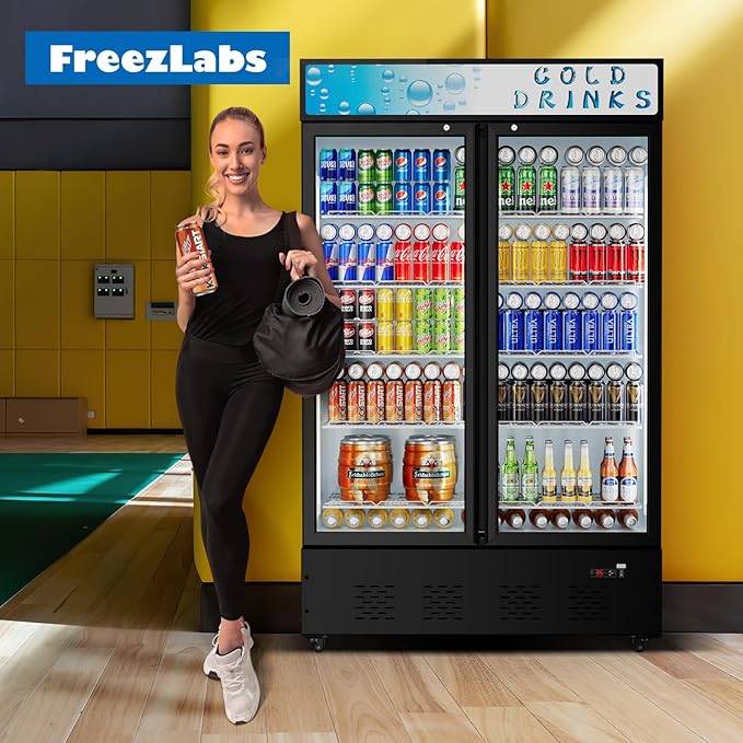 Commercial Glass Door Display Refrigerator 40 Cu.ft Cooler Commercial Display Beverage Refrigerators with LED Light and 10 Shelves for Cafe Restaurant Store Bar