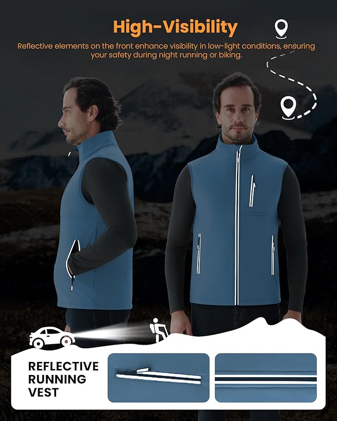 WULFUL Men's Windproof Lightweight Golf Vest Outerwear with Pockets, Softshell Sleeveless Jacket for Travel Hiking Running
