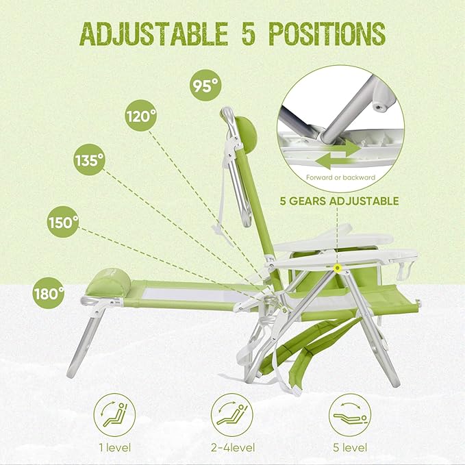 Reclining Beach Chair Backpack 5-Position Lay Flat Lounge Chair for Adults Heavy Duty Portable Folding Lightweight with Cooler Bag Camping Chair for Sand Outdoor