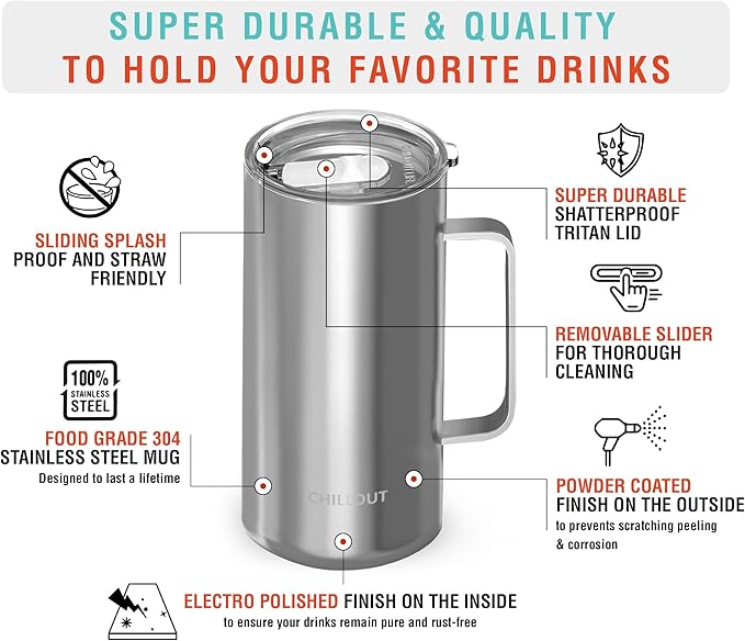 CHILLOUT LIFE Stainless Steel 20 oz Vacuum Insulated Coffee Mug with Handle and Lid, Large Thermal Camping Coffee Mug Cup with Durable Sliding Lid for Men & Women, Keeps your Beverages Hot/Cold