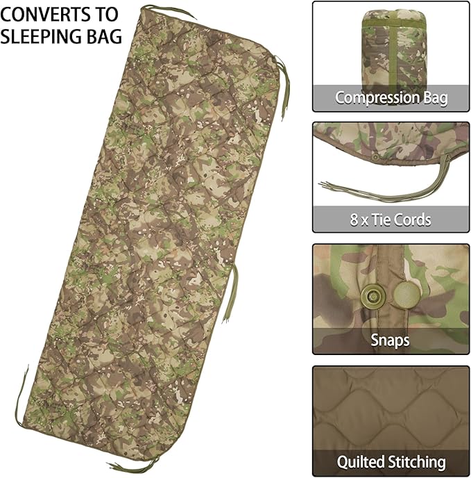 Military Poncho Liner 60”x 79” Camping Blanket Insulation Compact Waterproof for Travel Stadium Outdoor Camping