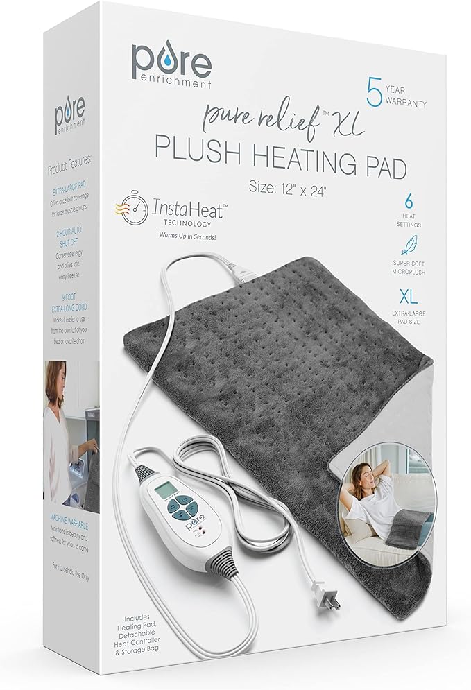 Pure Enrichment® PureRelief® XL Heating Pad - 12" x 24" Electric Heating Pad for Back Pain & Cramps, 6 Heat Settings, Soft Machine Wash Fabric, Auto-Off & Moist Heat (Charcoal Gray)