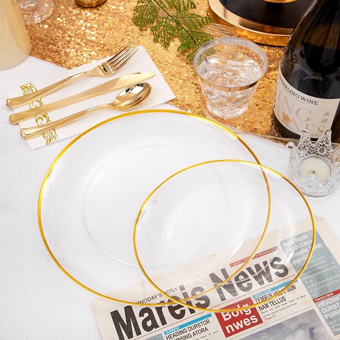 NOCCUR 350PCS Clear and Gold Plastic Plates - Gold Disposable Plastic Dinnerware Set for 50 Guests Include 100 Plastic Plates, 150 Gold Cutlery, 50 Cups&50 Napkins Idea for Wedding&Party