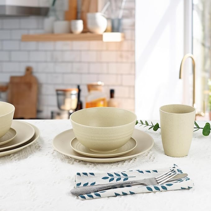 40 Pieces Plates and Bowls Sets, Wheat Straw Dinnerware Sets for 8, Dinner Plates, Cereal Bowls and Drinking Cups, Unbreakable and Reusable Plastic Dinnerware Sets (Beige)