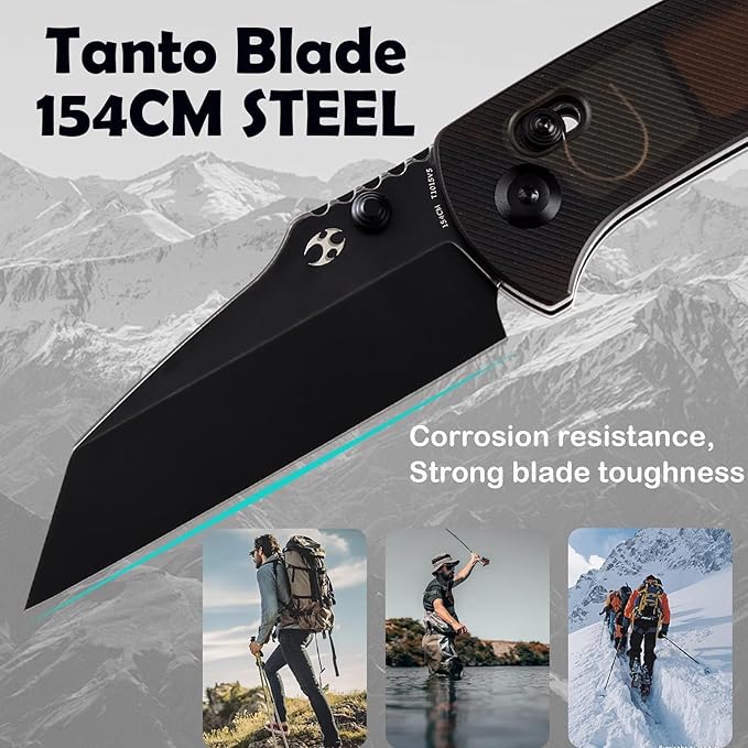 KANSEPT Main Street Pocket Folding Knife, 3.36''Black Ticn Coated 154CM Sharp Blade, Light Brown Acrylic Handle with Axis Lock Thumb Stud, Perfect Clip for Camping Fishing Gift Everyday Carry T1015v8
