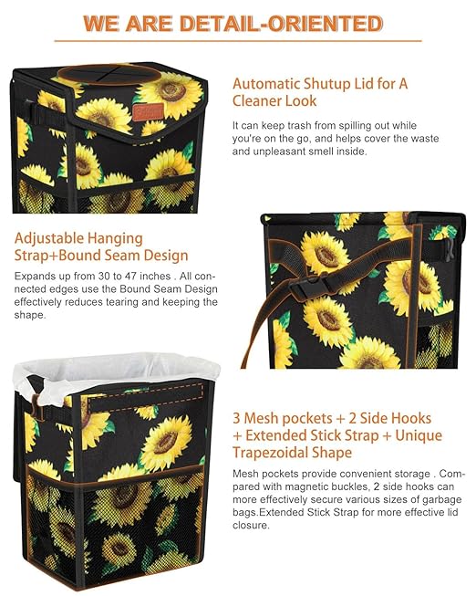 Car Trash Can with Lid, Cute Leakproof Car Trash Garbage Bag Hanging Vehicle Trash Bin Small Portable Automotive Garbage Cans Organizer for Back/Front Seat/Console(2.8 Gallons,Sunflower)