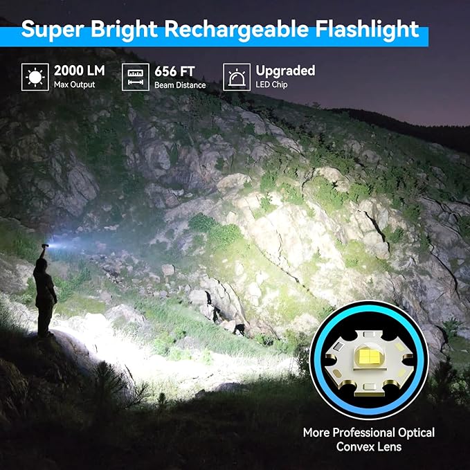 LETMY Rechargeable Flashlights High Lumens, 2 Pack 2000 Lumens Bright LED Tactical Flashlight, 3 Modes Samll Powerful Flash Lights with Clip, Waterproof Flashlights for Home Emergency Camping (Blue)