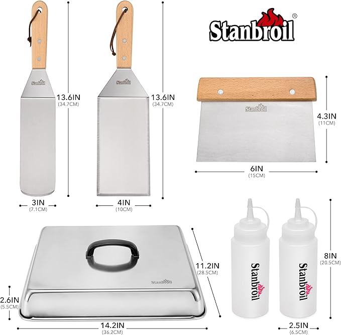 Stanbroil BBQ Griddle Accessories Set of 6 - Heavy Duty Stainless Steel Scraper, Spatula, Basting Cover and Bottles for Blackstone, Camp Chef Grill and Outdoor Griddle Accessories