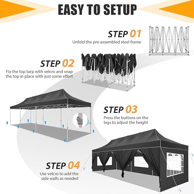 HOTEEL Tents for Parties 10x30 Pop Up Canopy Tent Heavy Duty with 8 Sidewalls, Commercial Party Tent Event Wedding Instant Canopy Waterproof with Carry Bag, UV 50+, Thicked Hexagonal Legs, Black