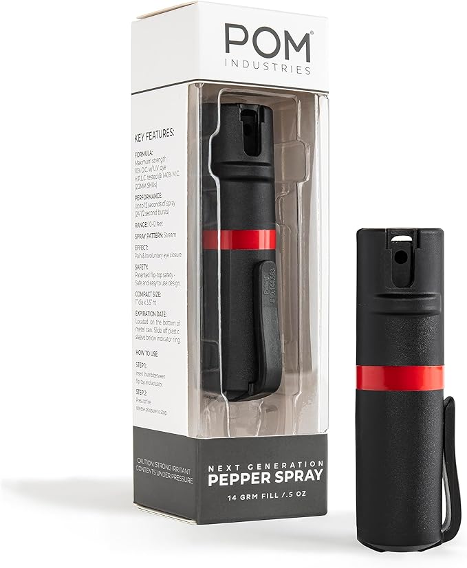 POM Pepper Spray Pocket Clip, Quick Flip Top Safety, Maximum Strength OC Formula with UV Marking Dye, Safe Compact and Tactical Design for Everyday Carry, 25 Bursts, 10 ft Range, 0.5 fl oz