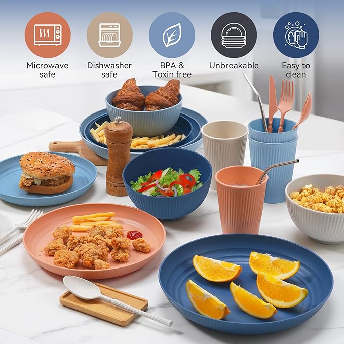Hommaly Wheat Straw Dinnerware Sets,42-Piece Plates and Bowls Sets for 6-Unbreakable,Reusable Plastic Dish Set-Dinner Plate/Cereal Bowl/Cup/Utensils-Microwavable Dishwasher Safe 42P-Oecan Coral