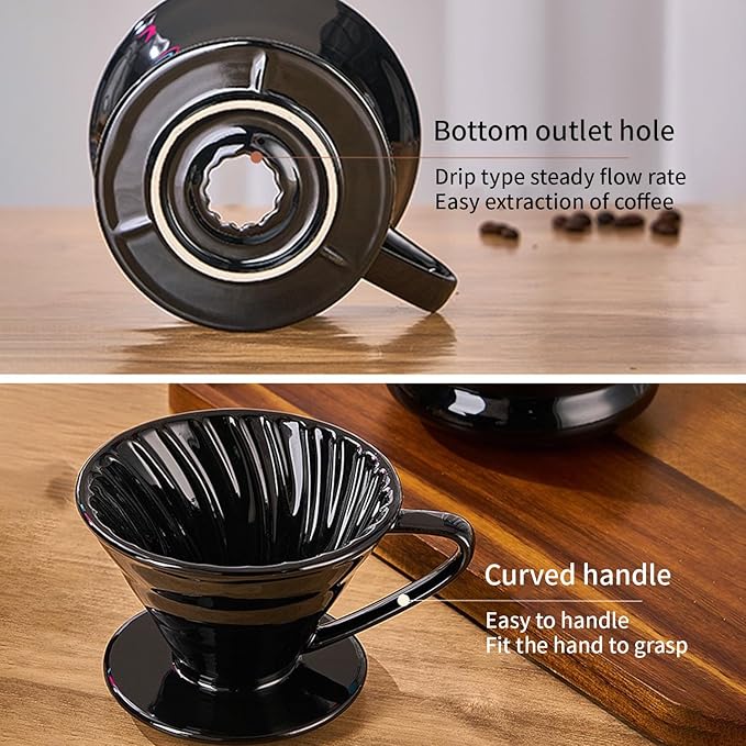 Pour Over Coffee Maker, Single Cup Coffee Dripper, Manual Porcelain Slow Brewing Accessories for Travel, Camping, Office, Home, Cafe, Coffee Gifts (Black, Large)