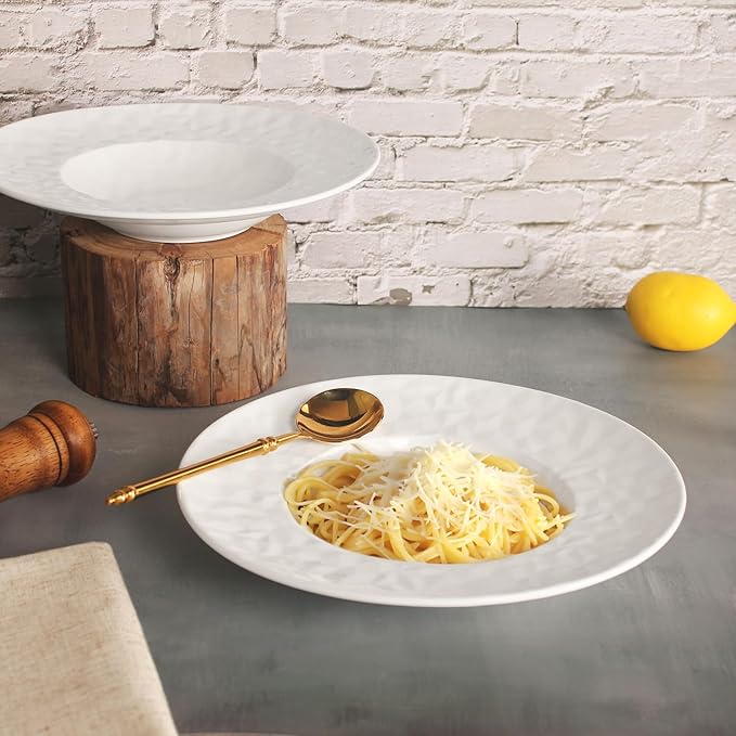 Porcelain Soup Bowls soup Plate Pasta Bowl Set of 4 Shallow Bowl Plates, 9.8 oz Rimmed Bowls with Rim, Microwave ovens and refrigerators safe Gemstone 10.6 Inch