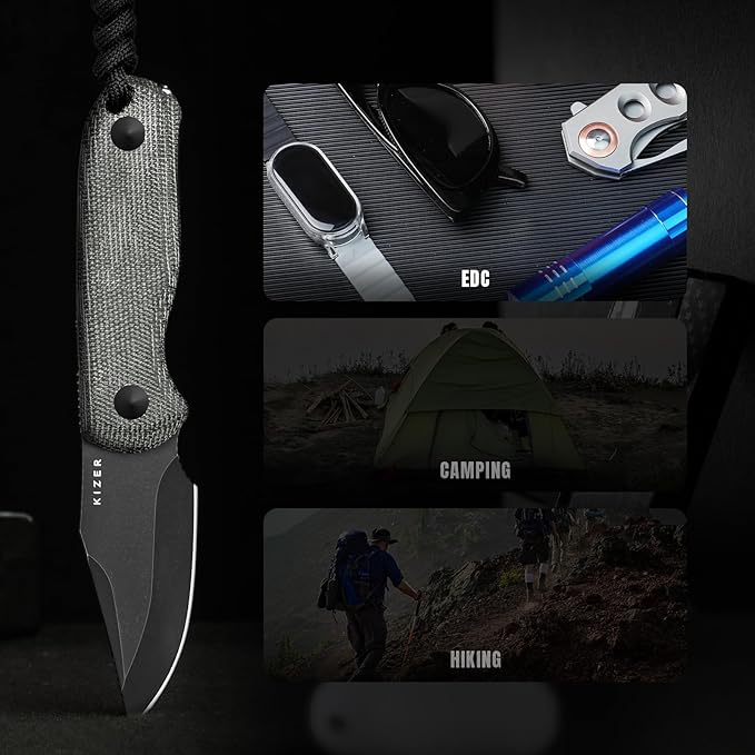 Kizer Drop Bear Fixed Blade Knife, 2.6" AEB-L Black Stonewash Blade EDC Camping Knife with Black Micarta Handle & Hidden Tools, Full Tang Hunting Survival Knives with Adjustable Kydex Sheath, 1092A1
