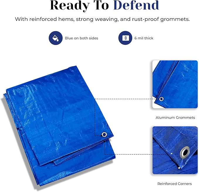 Tarps Now 20x40 ft Heavy Duty Plastic Tarp – Blue Poly Tarp, 6 MIL Waterproof Cover w/Aluminum Grommets, Reinforced Edges, Tear Resistant Polyethylene for Camping, Roofing, Construction, Outdoor Use